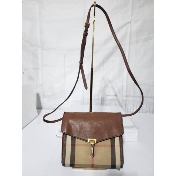 Authentic BURBERRY Derby Calfskin House Check Small Macken Crossbody Bag Brown - Picture 1 of 16